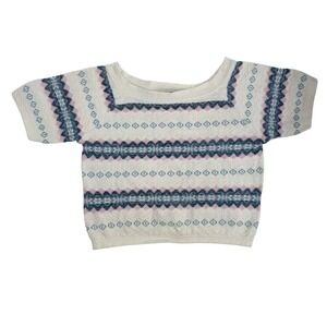 Sycamore Women Square Neck Fair Isle Knit Sweater Short Sleeve Cream Blue Pink M